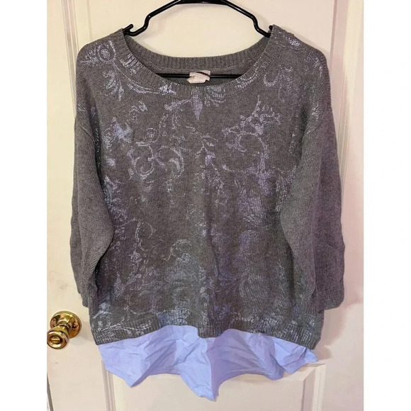 Chico's Foiled Floral Print Rebecca Pullover Sweater 3/4 Sleeve Sz L (Chico's 2) - Picture 1 of 8